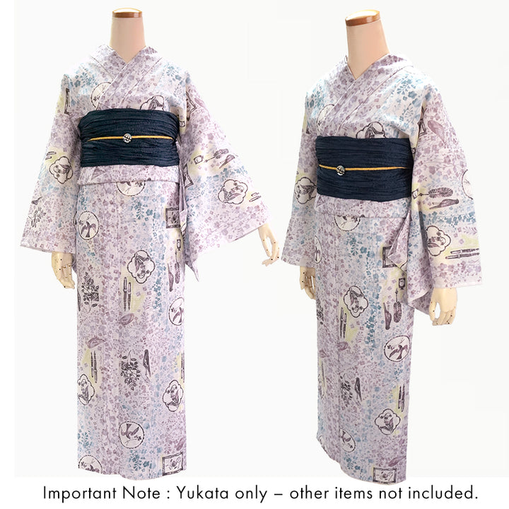 Lightweight Cotton Yukata for Women, soft Whites, Lavender base, Bird, Bell pattern – Inspired by Kaneko Misuzu’s Poetry, Summer Japanese Kimono Robe