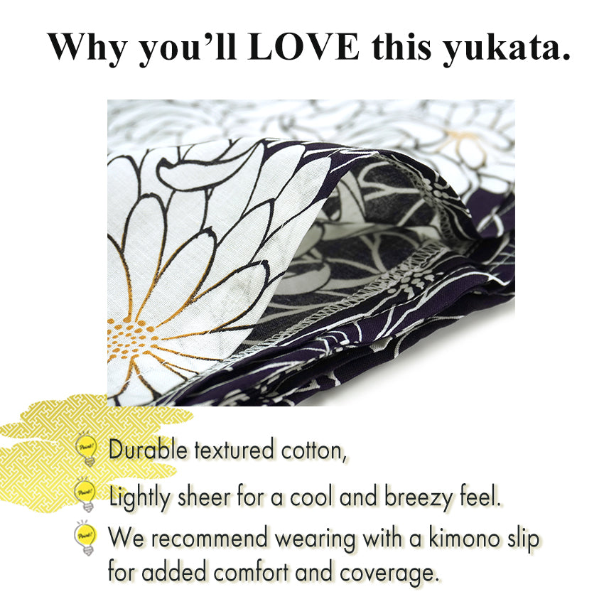 Women's Lightweight Cotton Yukata ＆Obi -2piece Coordinate set, Casual Summer Kimono -White Base with Chrysanthemum Allover