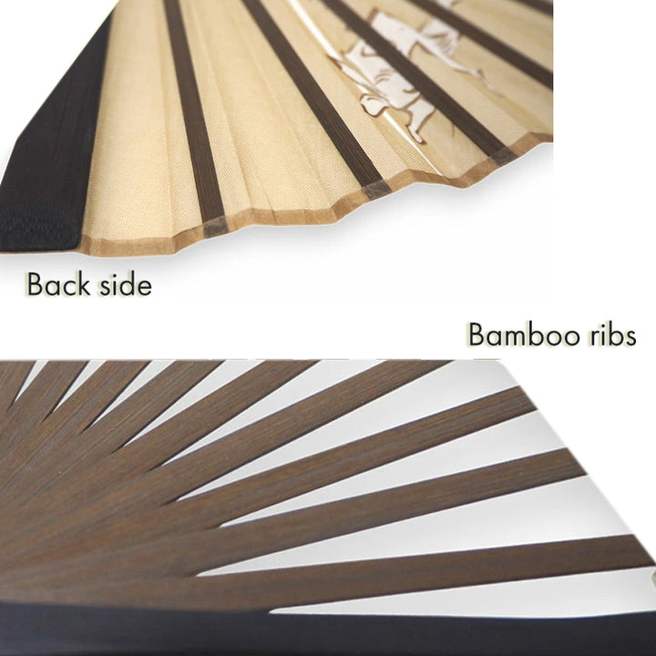 Folding Hand Fan for Men,Surface Cotton ,Bamboo Frame,  Beige base ,  “Chōjū-giga” animal caricatures  design
