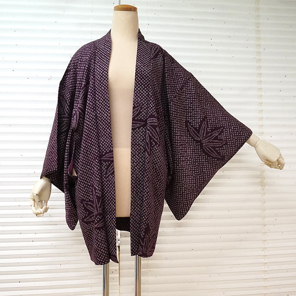 Vintage Haori Kimono Jacket Silk, Deep Red-Purple base, bamboom