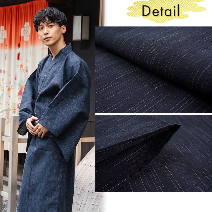 Men's Yukata Cotton & Linen : Navy with Rain-Like Stripes Yukata