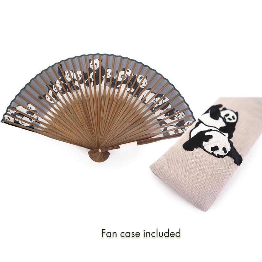 Folding Hand Fan for Lady's ,Surface Cotton, Bamboo Frame, Black base cute panda Pattern