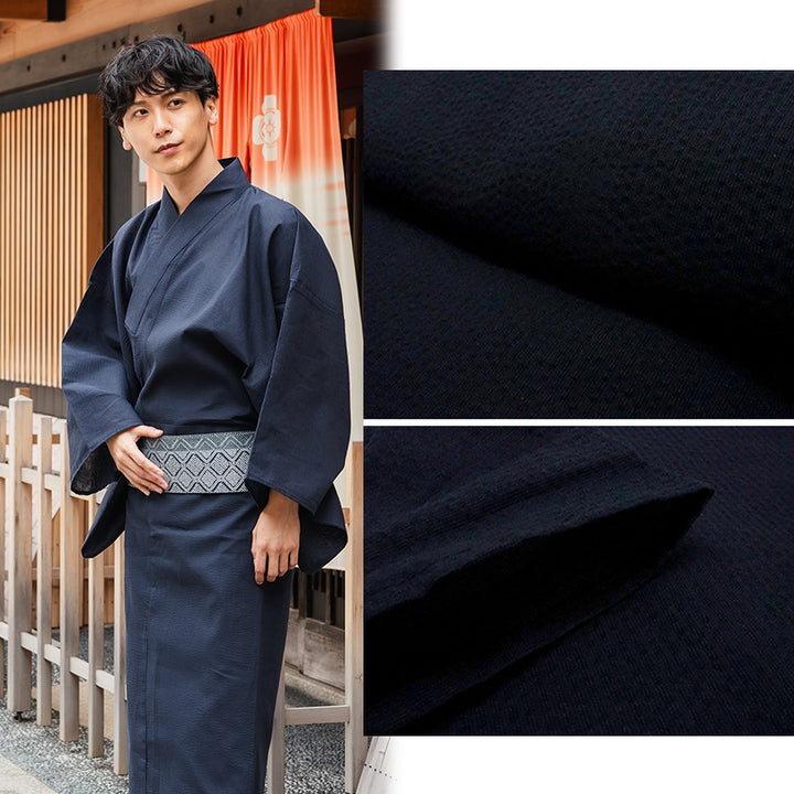 Men's Yukata Cotton & Linen Coordinate Set For Beginners : Solid Navy Yukata