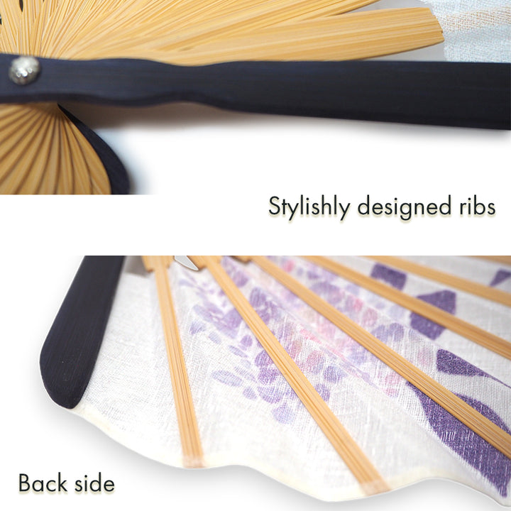 Folding Hand Fan for Lady's ,Surface Cotton, Bamboo Frame, White (off-white with gradations of wisteria purple, violet, and pink hydrangeas)