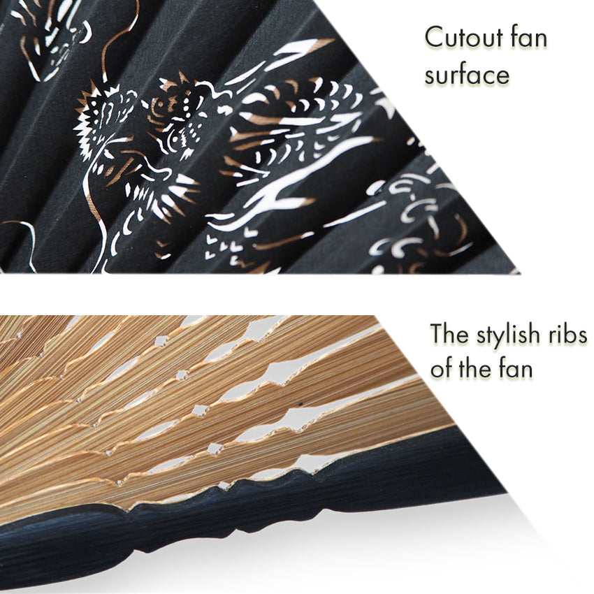 Folding Hand Fan for Men ,Surface Silk, Bamboo Frame,  Black base, Waves & Dragon Design