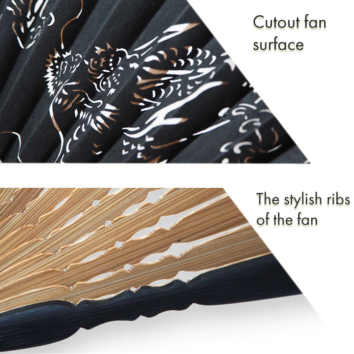 Folding Hand Fan for Men ,Surface Silk, Bamboo Frame,  Black base, Waves & Dragon Design