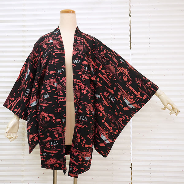 Vintage Haori Kimono Jacket Silk, Black base,Scenic Motifs