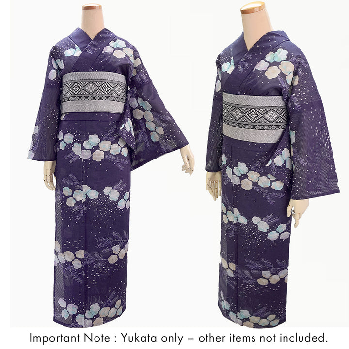 Lightweight Cotton Yukata for Women, Purple base, Crisp geometric snowflakes, Flower pattern – Inspired by Kaneko Misuzu’s Poetry, Summer Japanese Kimono Robe