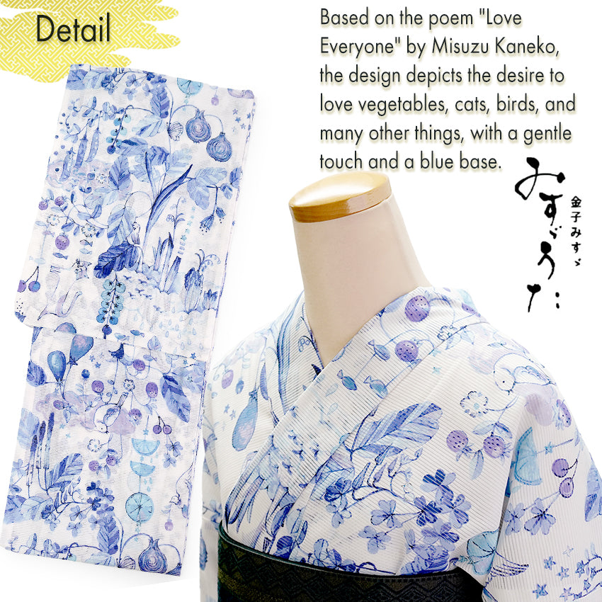 Lightweight Cotton Yukata for Women, blue base, vegetables, cats, birds pattern– Inspired by Kaneko Misuzu’s Poetry, Summer Japanese Kimono Robe