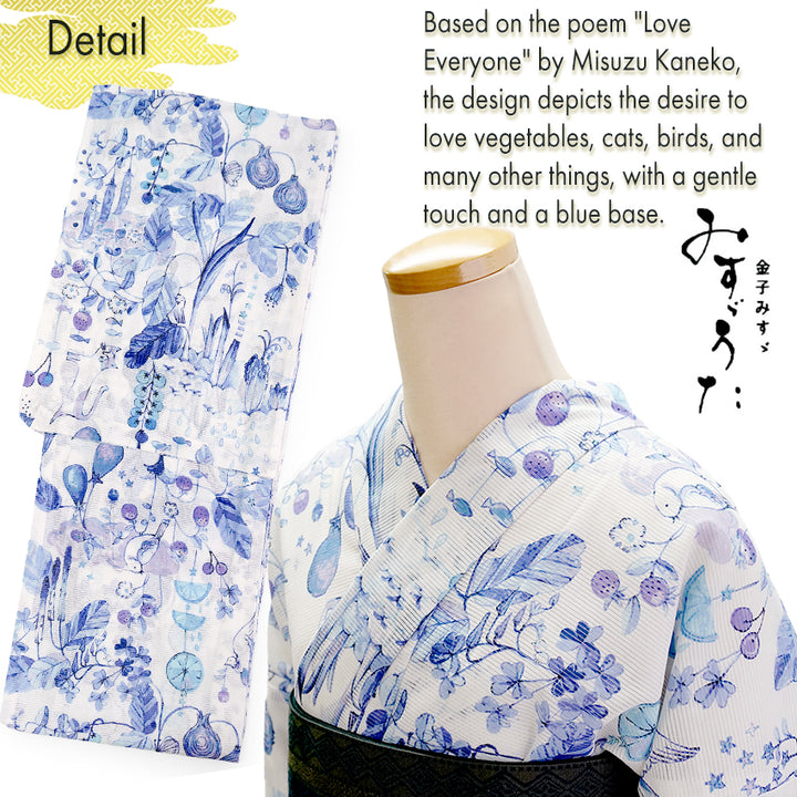 Lightweight Cotton Yukata for Women, blue base, vegetables, cats, birds pattern– Inspired by Kaneko Misuzu’s Poetry, Summer Japanese Kimono Robe