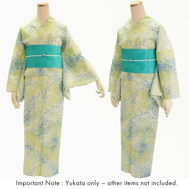 Lightweight Cotton Yukata for Women, Lime Green base, Sunlit Path, landscape pattern – Inspired by Kaneko Misuzu’s Poetry, Summer Japanese Kimono Robe