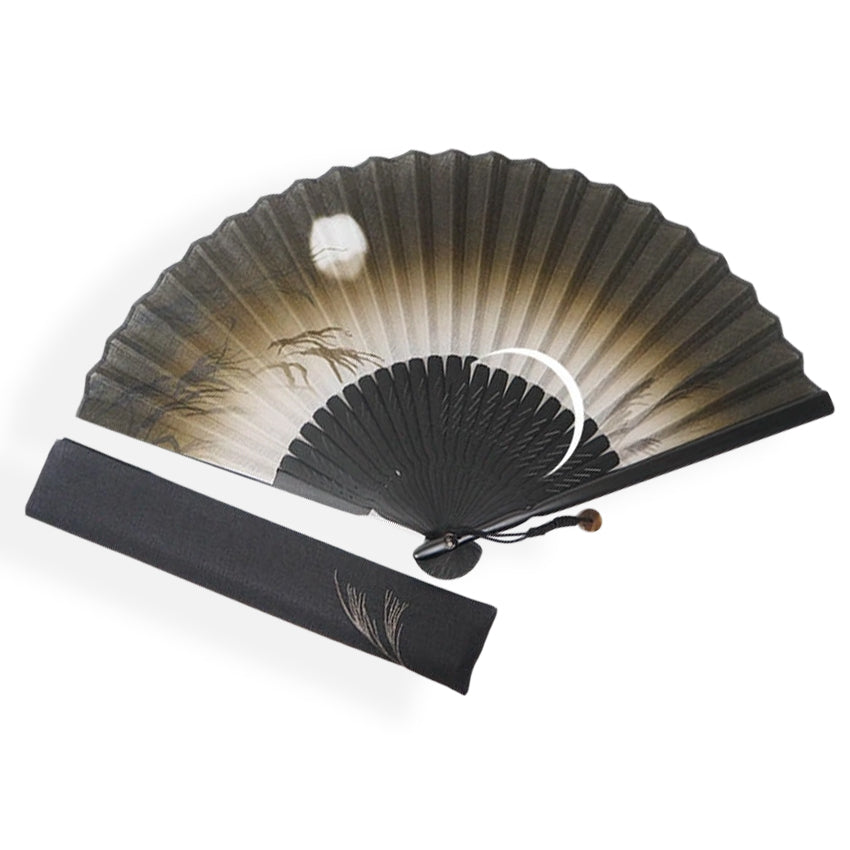Folding Hand Fan for Men,Surface Cotton ,Bamboo Frame,  Dark brown , pale gray beige gradation  base, pampas grass and hazy moon design