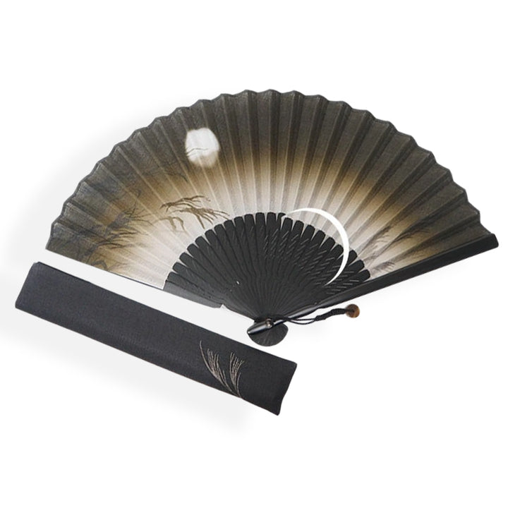 Folding Hand Fan for Men,Surface Cotton ,Bamboo Frame,  Dark brown , pale gray beige gradation  base, pampas grass and hazy moon design