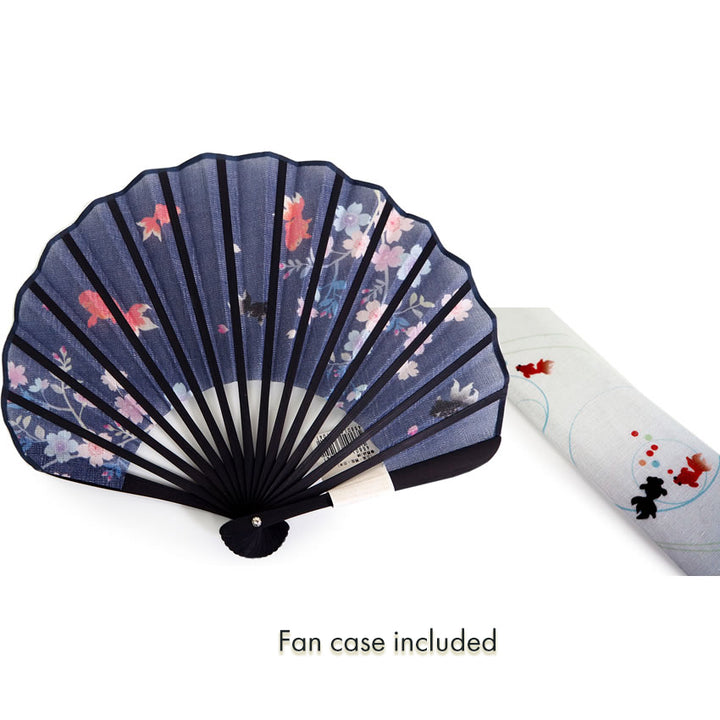 Folding Hand Fan for Lady's ,Surface Cotton, Bamboo Frame, Navy base Goldfish with Flowers Set