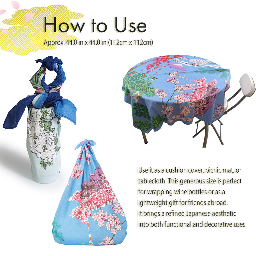 Furoshiki –japanese traditional wrapping cloth, 44.0 inch, cotton, cherry blossoms, Mt. Fuji, lush greenery, autumn leaves, snow