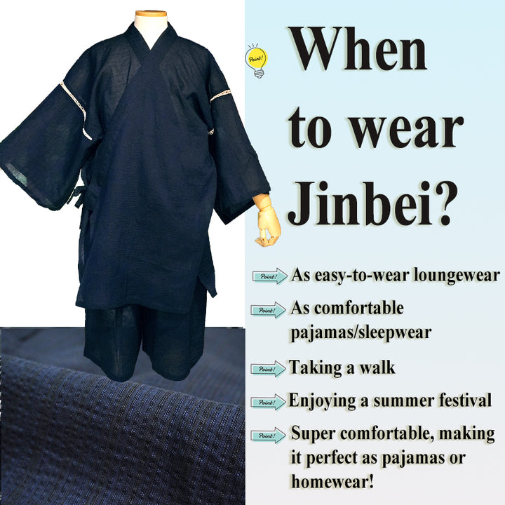 Men’s Cool & Comfortable Jinbei, Navy Base with Subtle Black Stripes – Lightweight Cotton ＆Linen Summer Loungewear, Sleepwear