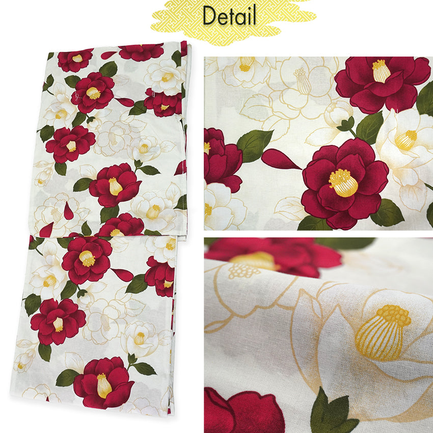 Plus‑Size Women's Cotton Yukata (3L/4L/5L), Casual Summer Kimono – Light Beige with Red Camellia Pattern