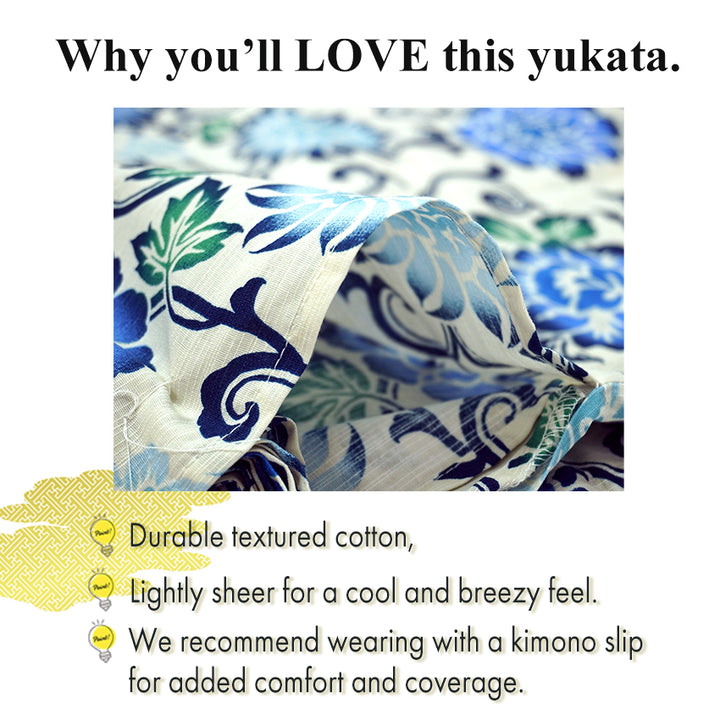 Women's Lightweight Cotton Yukata ＆Obi -2piece Coordinate set, Casual Summer Kimono  -Off-White Base with Blue, Green, and Navy Floral Arabesque