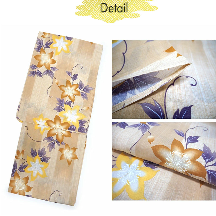 Women's Cotton Yukata, Casual Summer Kimono -Light beige Base,  “yagasuri” (arrow feather) patterns with clematis flowers