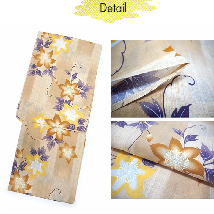 Women's Cotton Yukata, Casual Summer Kimono -Light beige Base,  “yagasuri” (arrow feather) patterns with clematis flowers