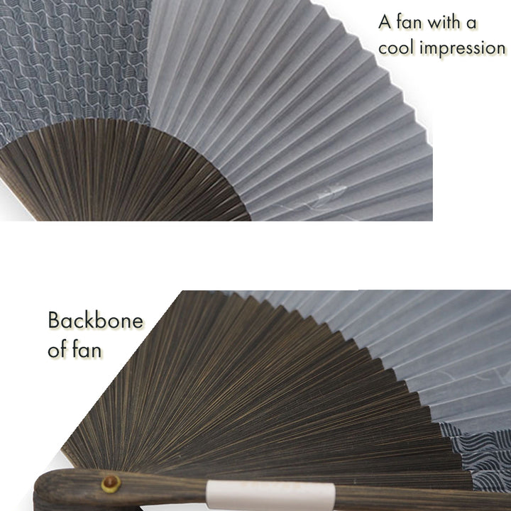 Folding Hand Fan for Men ,Surface Paper, Bamboo Frame, Gray base, A graceful sailboat rocking gently over stylized waves pattern