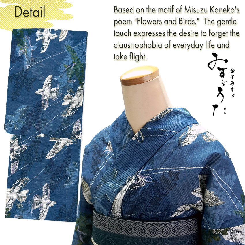 Lightweight Cotton Yukata for Women, Indigo base, Flowers Birds and leaves pattern– Inspired by Kaneko Misuzu’s Poetry, Summer Japanese Kimono Robe