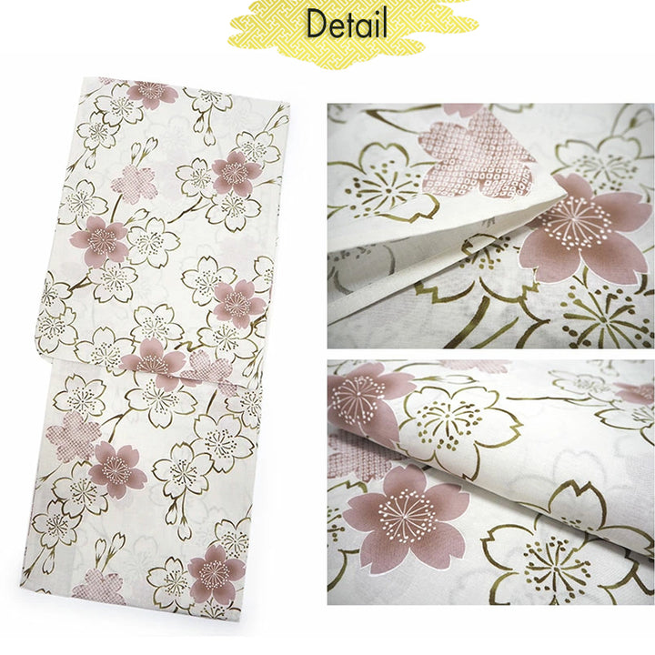 Women's Cotton Yukata, Casual Summer Kimono -Grayish white base with A graceful sakura (cherry blossom) motif featuring soft pink blooms