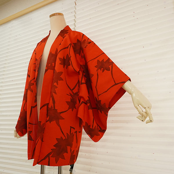 Vintage Haori Kimono Jacket Silk,Vivid Red base,  Maple Leaves