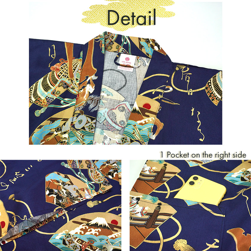Men's Happi Coat: Kimono Robe -  Samurai helmet , Fans, Castle, Mt. Fuji