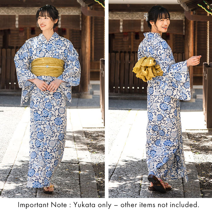 Women's Cotton Yukata, Casual Summer Kimono - White Base with Blue, Gray, and Navy Floral Arabesque