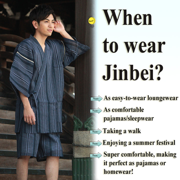 Men’s Cool & Comfortable Jinbei, Black Base with Subtle White & Blue Stripes – Lightweight Cotton ＆Linen Summer Loungewear, Sleepwear