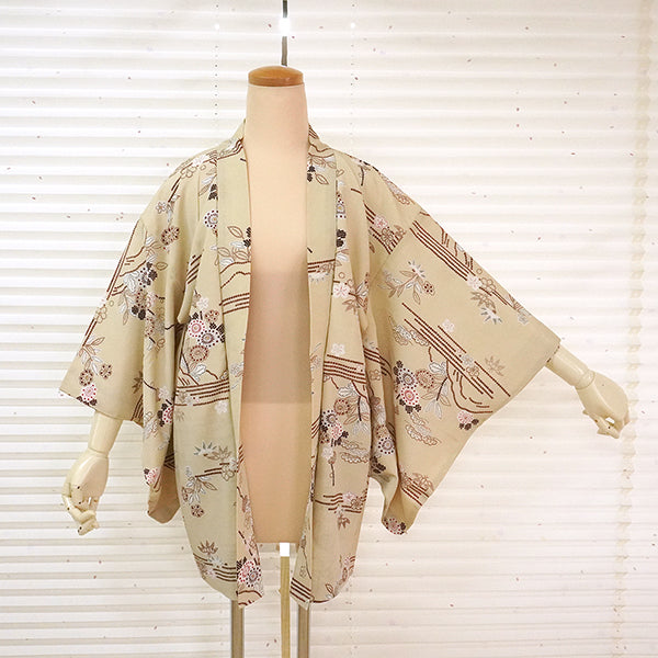 Vintage Haori Kimono Jacket Silk, Beige base, Pine, Bamboo, Plum & Chrysanthemums