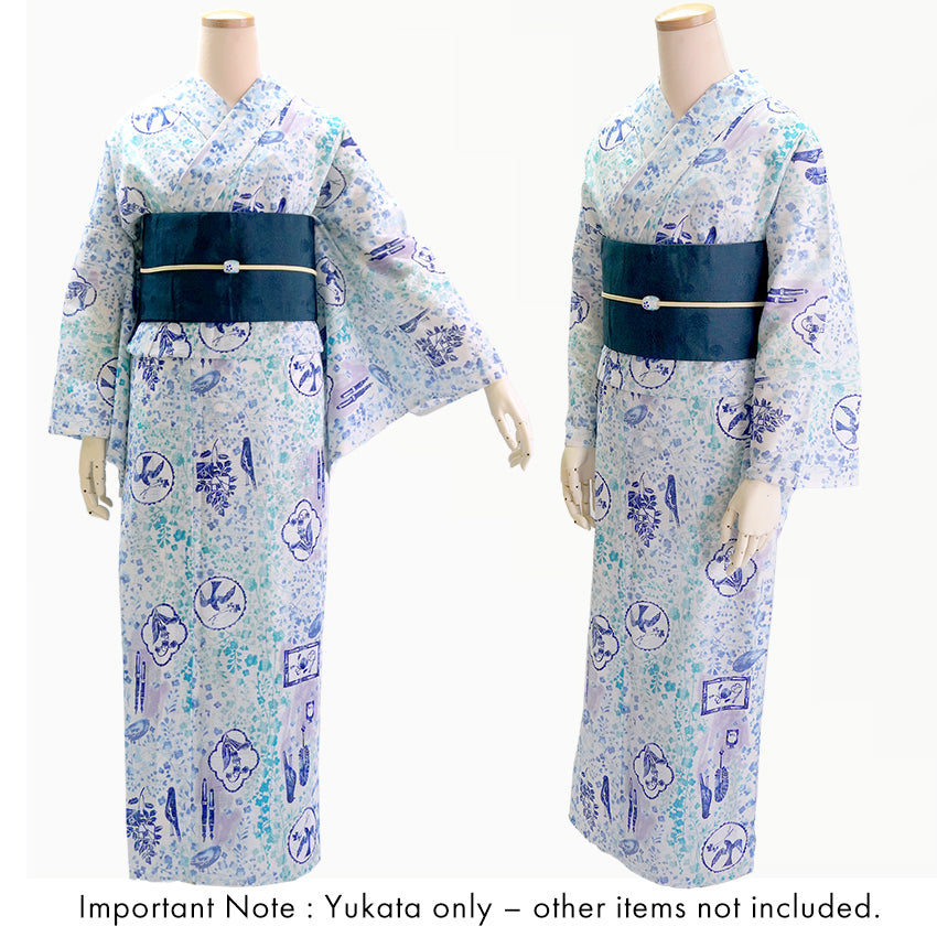 Lightweight Cotton Yukata for Women, Blue base, Bird, Bell pattern – Inspired by Kaneko Misuzu’s Poetry, Summer Japanese Kimono Robe