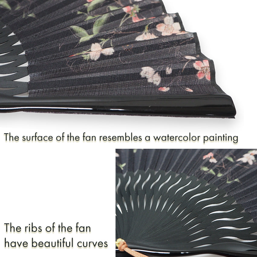 Folding Hand Fan for Lady's ,Surface Cotton, Bamboo Frame, Black (black background with pink-blushed cherry blossoms, slightly sheer)