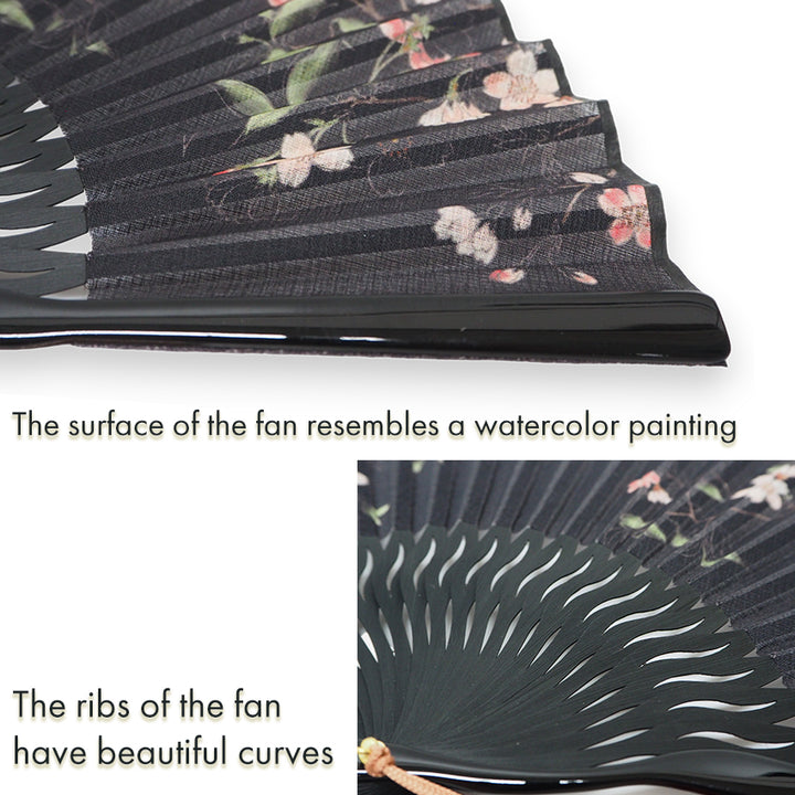 Folding Hand Fan for Lady's ,Surface Cotton, Bamboo Frame, Black (black background with pink-blushed cherry blossoms, slightly sheer)