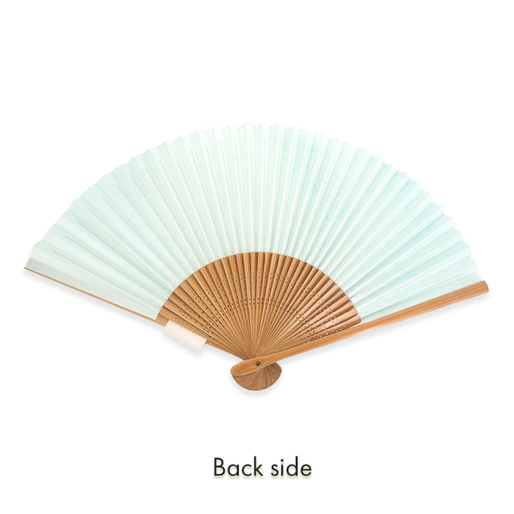 Folding Hand Fan for Lady's ,Surface Paper, Bamboo Frame, White/Light Blue Gradation base with Flower White & Pink Dianthus