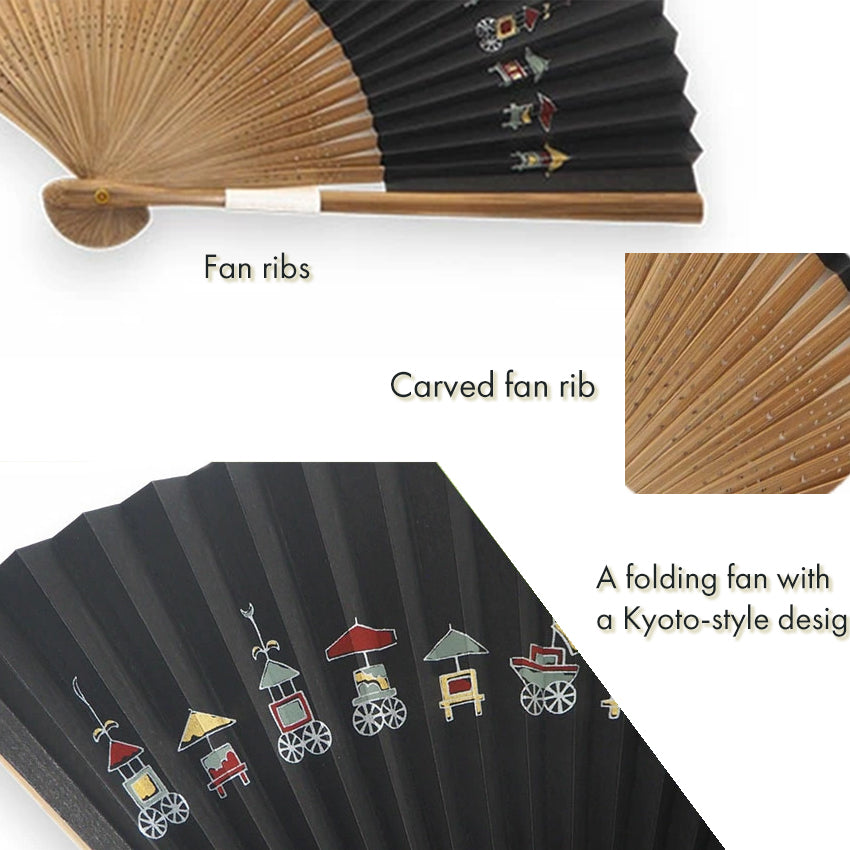 Folding Hand Fan for Men ,Surface Paper, Bamboo Frame, Black base,This fan captures the iconic Kyoto festivals pattern
