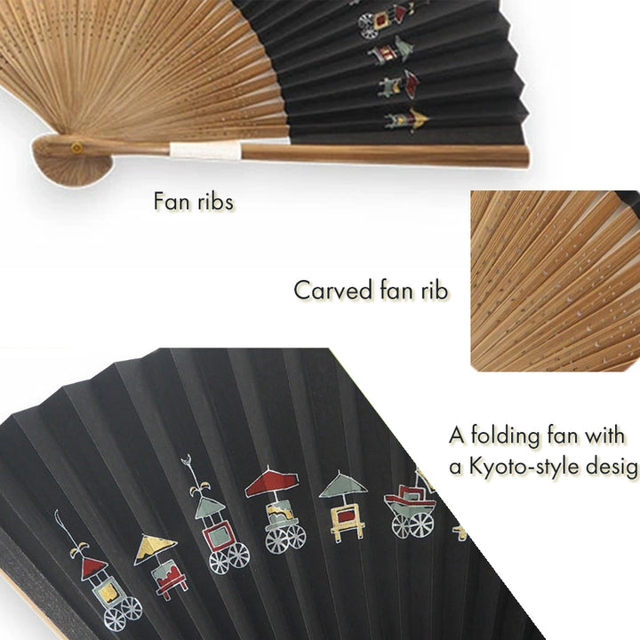 Folding Hand Fan for Men ,Surface Paper, Bamboo Frame, Black base,This fan captures the iconic Kyoto festivals pattern