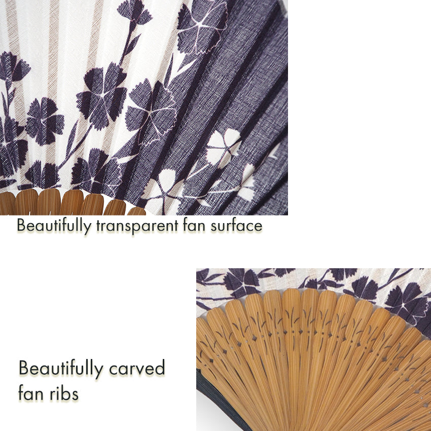 Folding Hand Fan for Lady's ,Surface Cotton, Bamboo Frame, Navy (white & deep navy with pinks and hidden rabbits, slightly sheer)