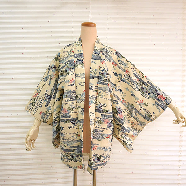 Vintage Haori Kimono Jacket Silk, Ivory Beige base, Clouds, Flowing Water, Maple Leaves & Mist Patterns