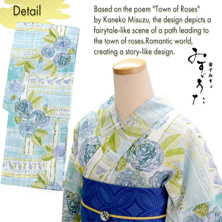 Lightweight Cotton Yukata for Women, grayish blue base, roses Flowers pattern– Inspired by Kaneko Misuzu’s Poetry, Summer Japanese Kimono Robe