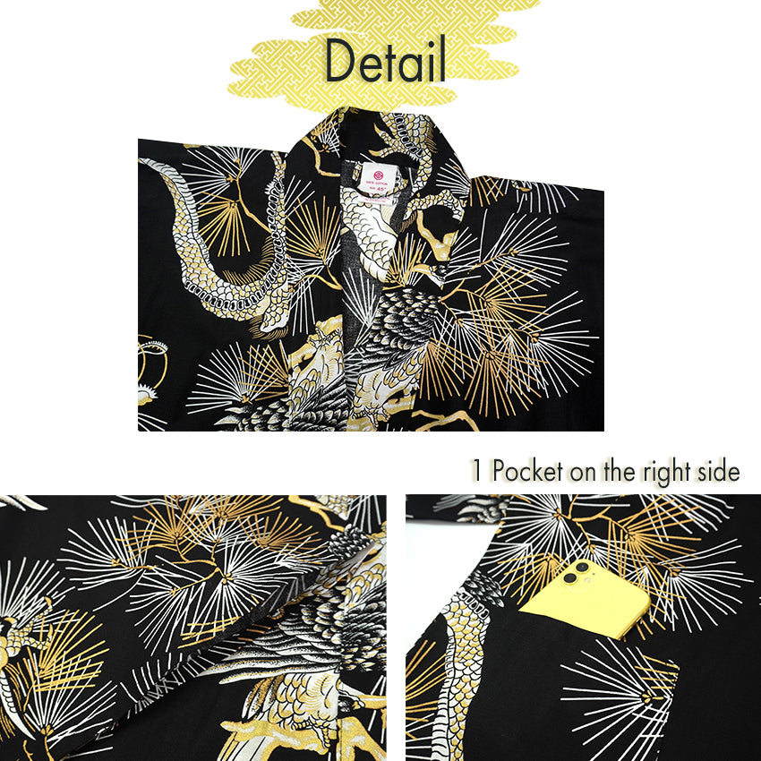 Men's Happi Coat: Kimono Robe -Black base, – Pine Needles, Dragons & Hawks
