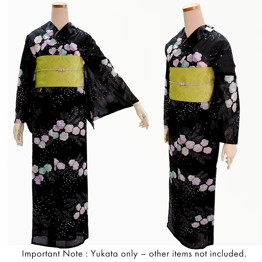 Lightweight Cotton Yukata for Women, Black base, Crisp geometric snowflakes, Flower pattern – Inspired by Kaneko Misuzu’s Poetry, Summer Japanese Kimono Robe