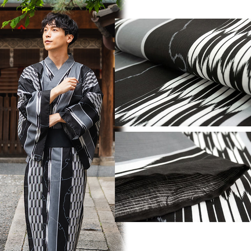Men's Yukata Cotton Coordinate Set For Beginners : Black Yagasuri Yukata