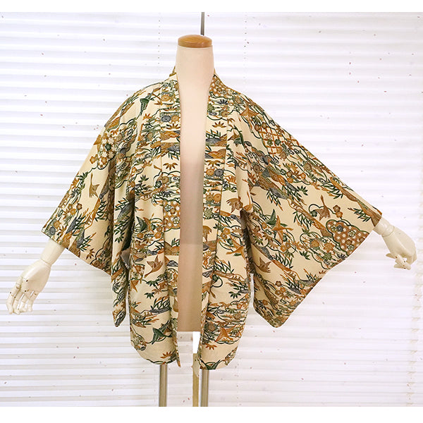 Vintage Haori Kimono Jacket Silk, Beige base, Plum Blossoms and Scenic Landscape