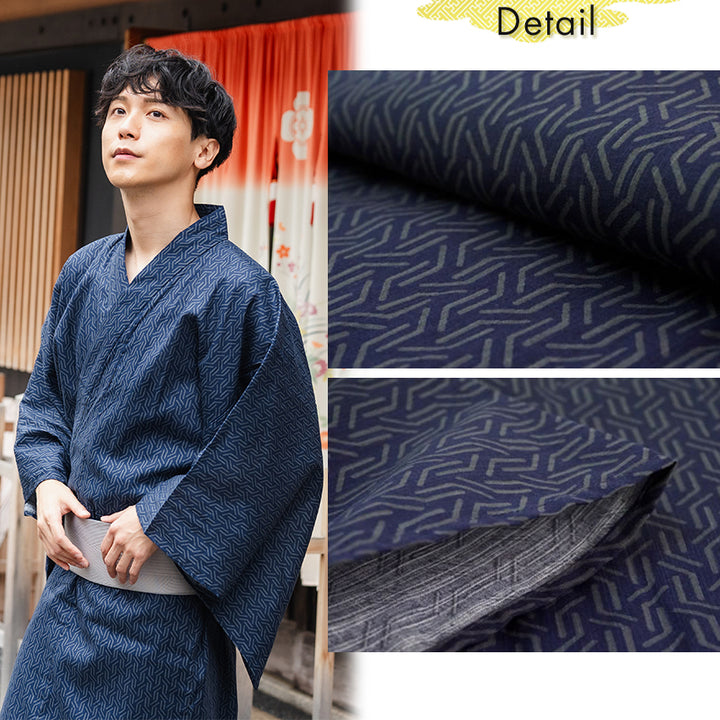 Men's Yukata Cotton : Navy with Geometric Stripes Yukata