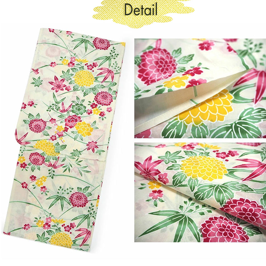 Women's Cotton Yukata, Casual Summer Kimono -Light Beige Base with Pink and yellow Autumn leaves and chrysanthemums