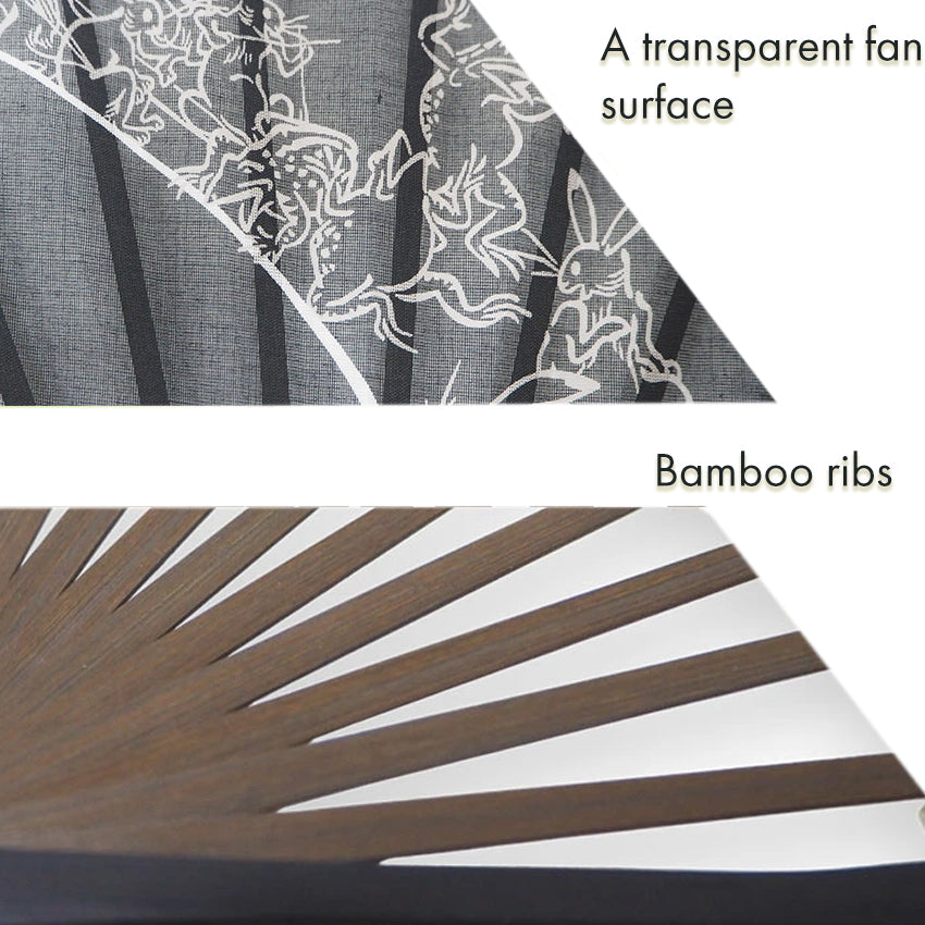 Folding Hand Fan for Men,Surface Cotton ,Bamboo Frame,  Beige base ,  “Chōjū-giga” animal caricatures  design