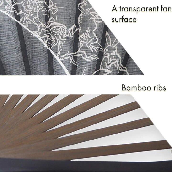 Folding Hand Fan for Men,Surface Cotton ,Bamboo Frame,  Beige base ,  “Chōjū-giga” animal caricatures  design