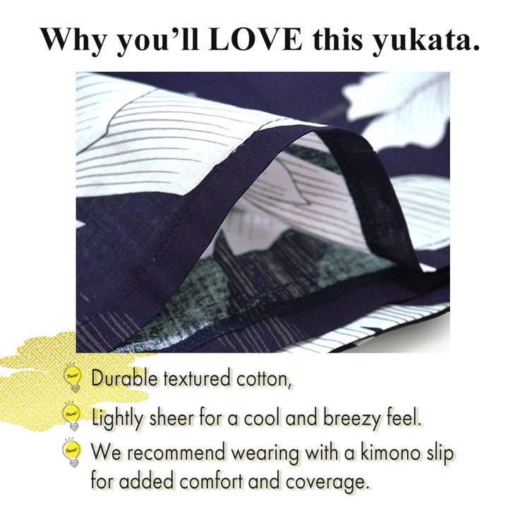 Women's Lightweight Cotton Yukata ＆Obi -2piece Coordinate set, Casual Summer Kimono  -Navy Base with large banana leaves (bashō) for a bold and tropical-inspired look.